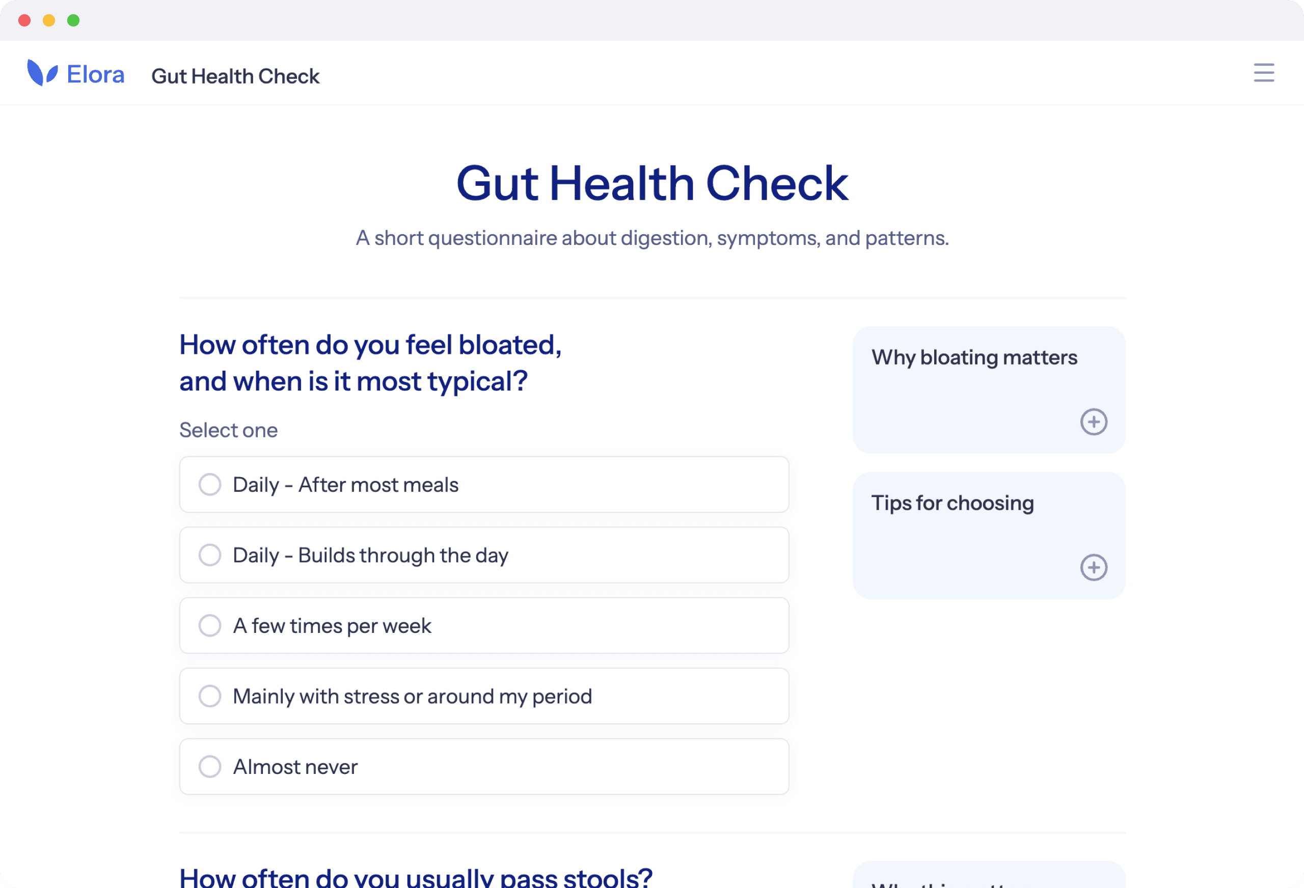 Elora Gut Health Check questionnaire screen showing bloating answer options and helpful info cards.