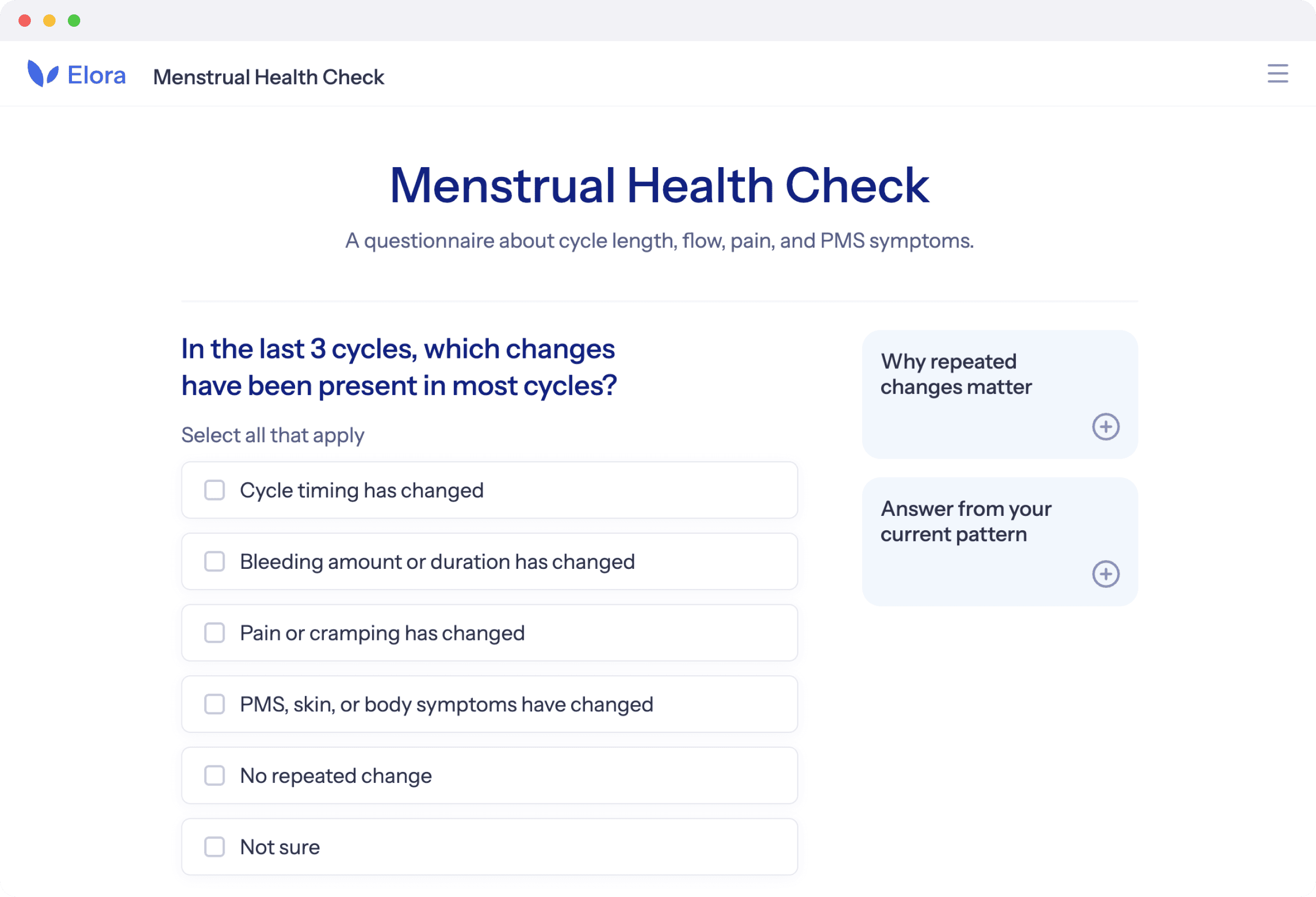 Elora Menstrual Health Check questionnaire screen showing repeated cycle changes and helpful info cards.